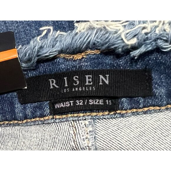 Risen Women Jeans RAW EDGE WAIST W FRAYED HEM FLARE Blue Distressed 32/15 NWT - Picture 5 of 16